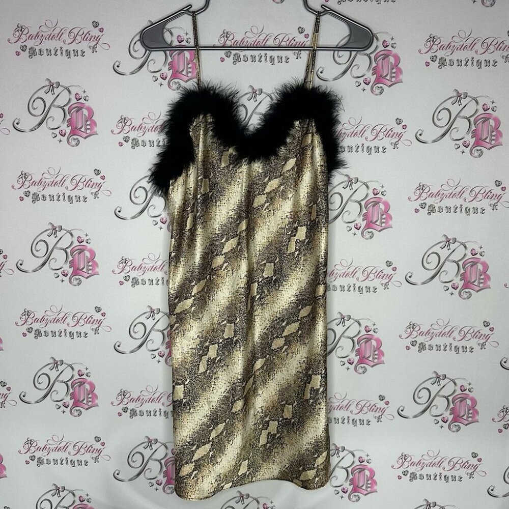 Cinema exoile fur Snake Print Dress Black Fur Trim furry feathers